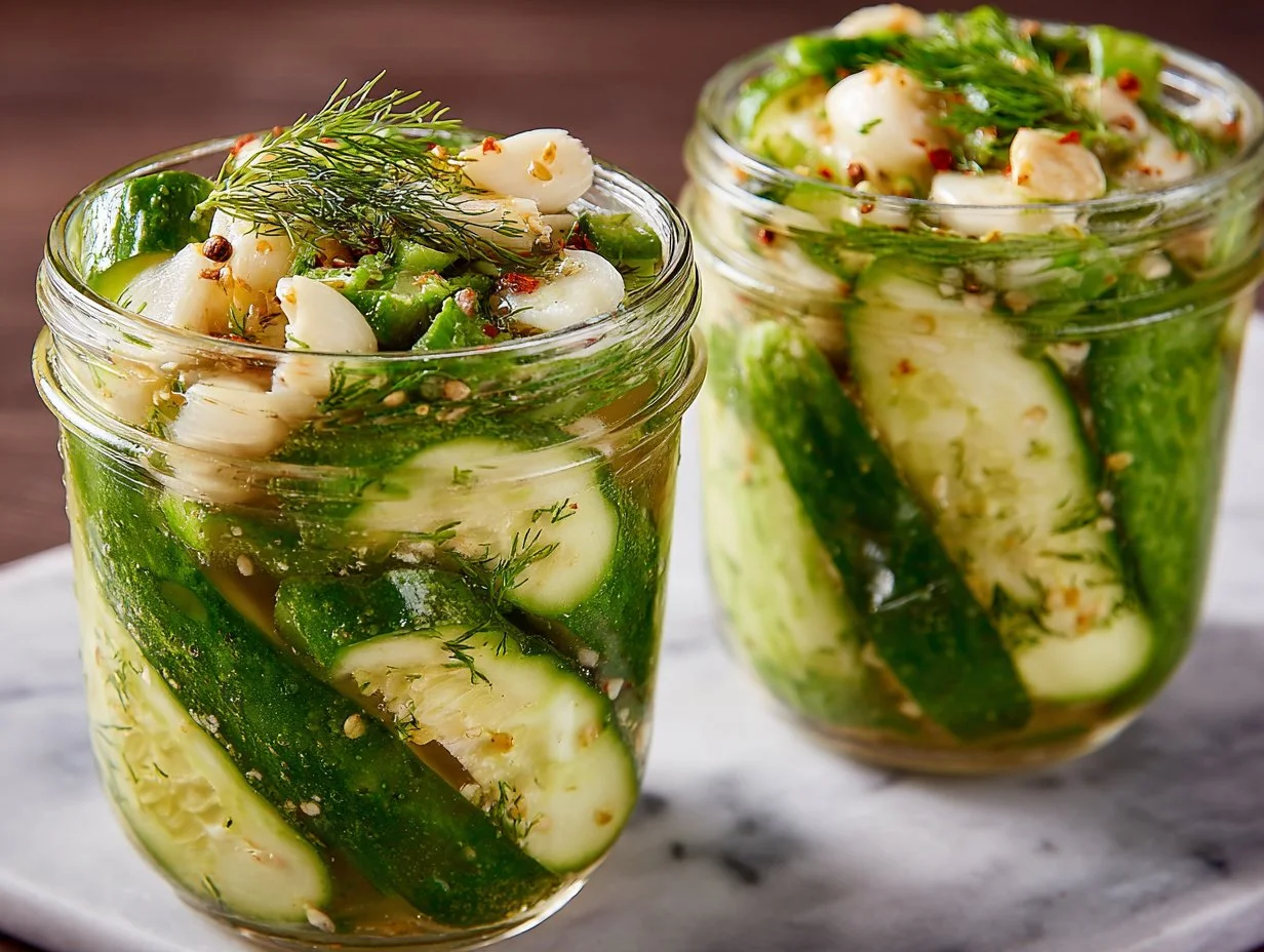 Easy refrigerator dill pickles in a jar with fresh herbs and spices