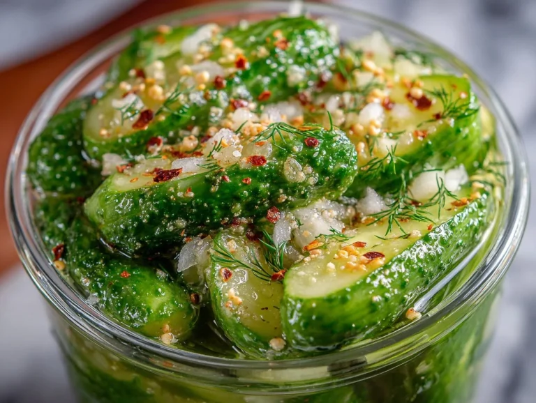 Homemade easy refrigerator dill pickles in a jar with fresh ingredients
