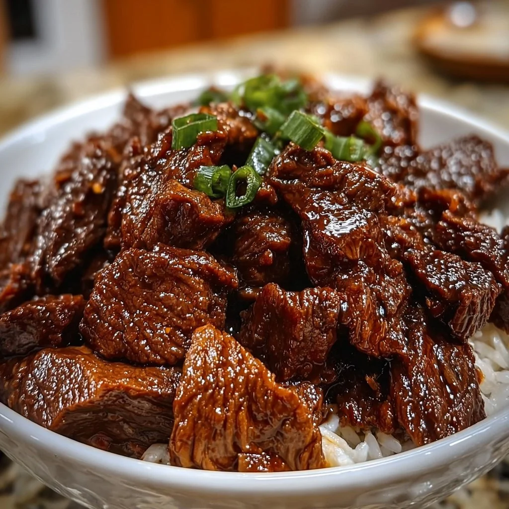 Bowl of Easy Slow Cooker Korean Beef garnished with green onions