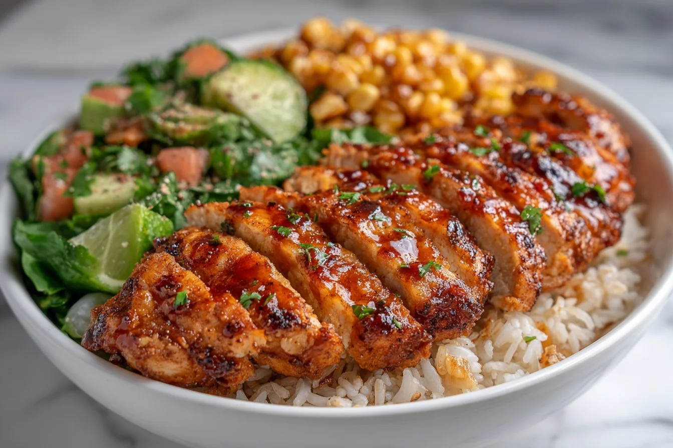 Easy Street Corn Chicken Rice Bowl with vibrant ingredients in a colorful dish