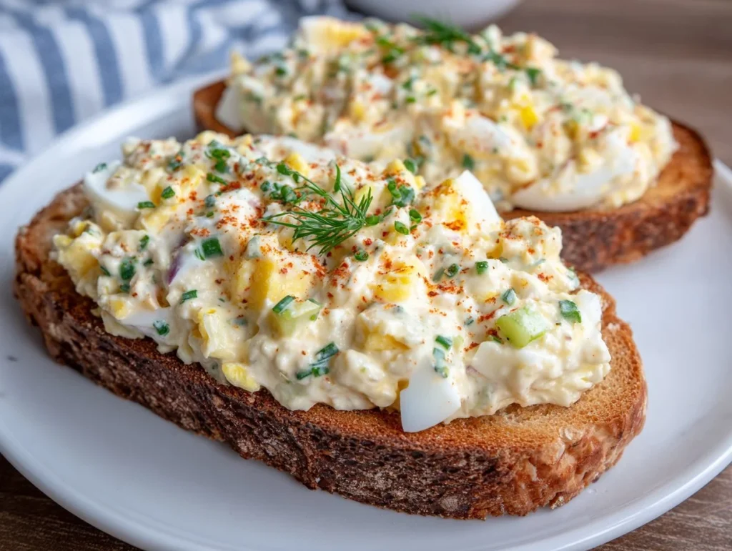 Freshly made egg salad served in a bowl with herbs and spices