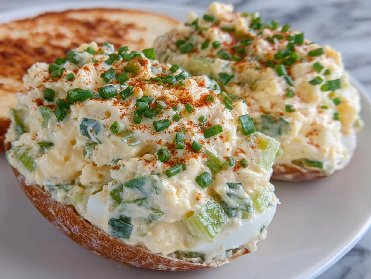 Delicious and creamy egg salad served on a slice of bread with fresh herbs