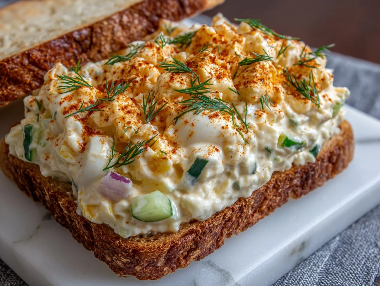 Delicious egg salad recipe with creamy dressing served in a bowl.