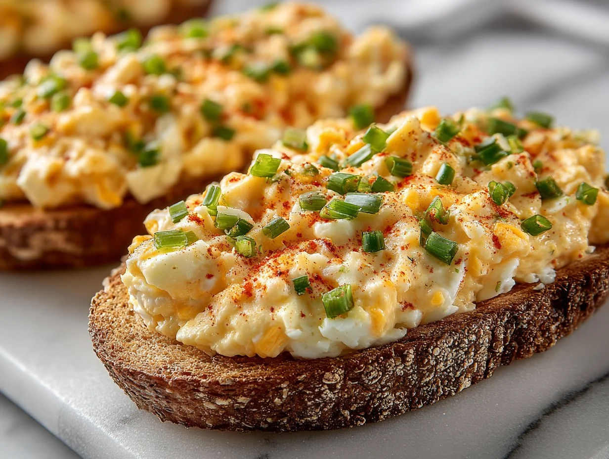 Delicious egg salad with jalapeno and cheddar served in a bowl.
