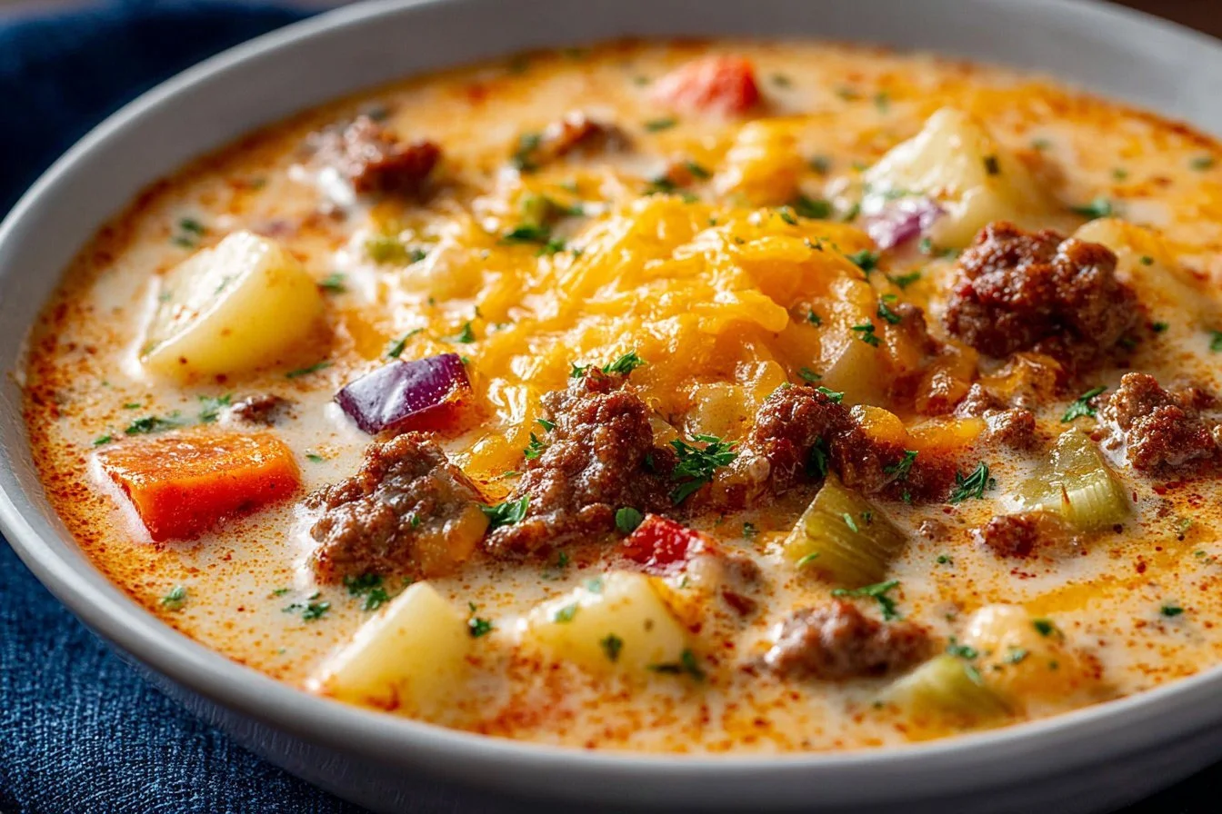 Delicious extra creamy slow cooker cheeseburger soup served in a bowl