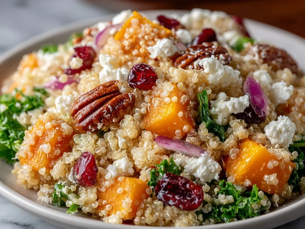 Colorful Fall Quinoa Salad with seasonal vegetables and dressing