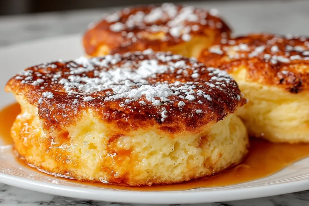 Fluffy Japanese soufflé pancakes stacked with syrup and berries