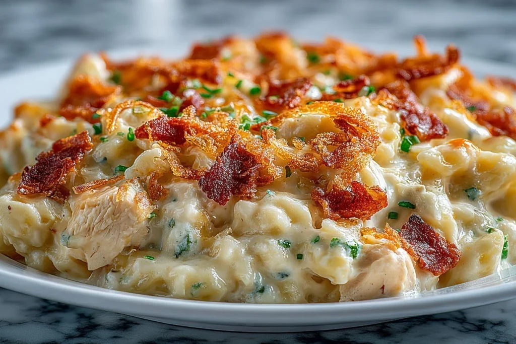 Delicious French Onion Chicken Casserole topped with melted cheese and onions