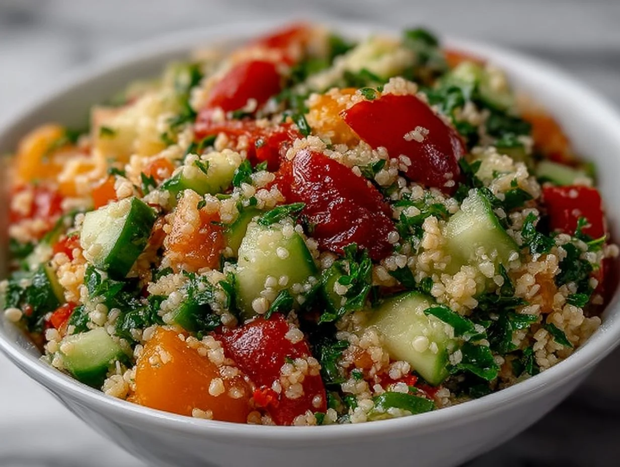 Fresh tabbouleh salad made with parsley, tomatoes, and bulgur wheat.