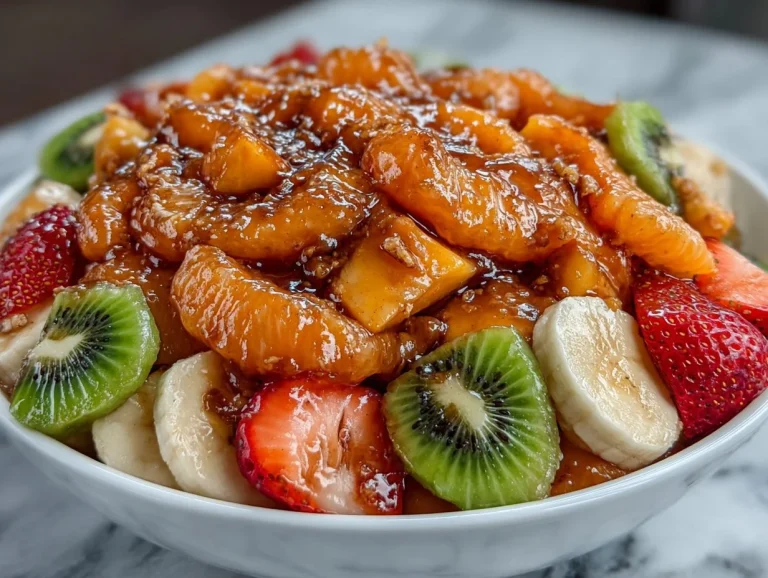 Fruit salad topped with sweet peach pie filling and fresh fruits
