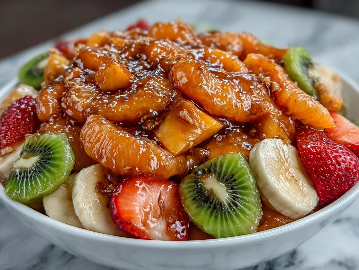 Fruit salad topped with sweet peach pie filling and fresh fruits