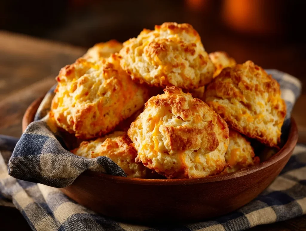 Freshly baked garlic cheese drop biscuits on a wooden table