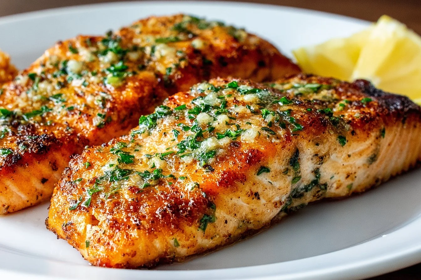 Perfectly grilled salmon fillet served with lemon and herbs
