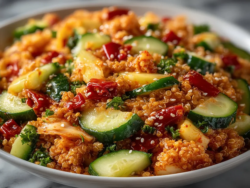 Bowl of gut-loving fermented kimchi and bulgur salad garnished with fresh herbs
