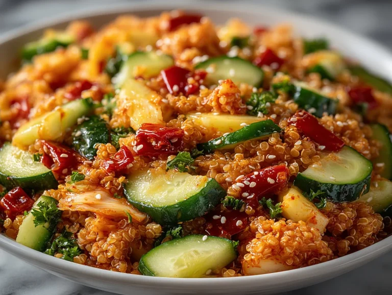 Bowl of gut-loving fermented kimchi and bulgur salad garnished with fresh herbs