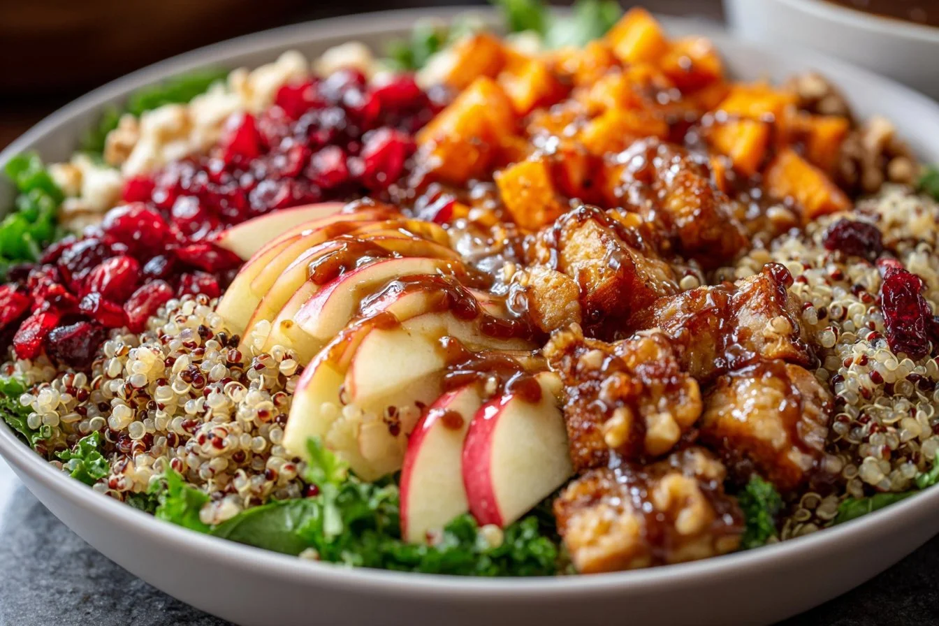 Harvest Bowl with fresh ingredients and Fig Balsamic Vinaigrette dressing