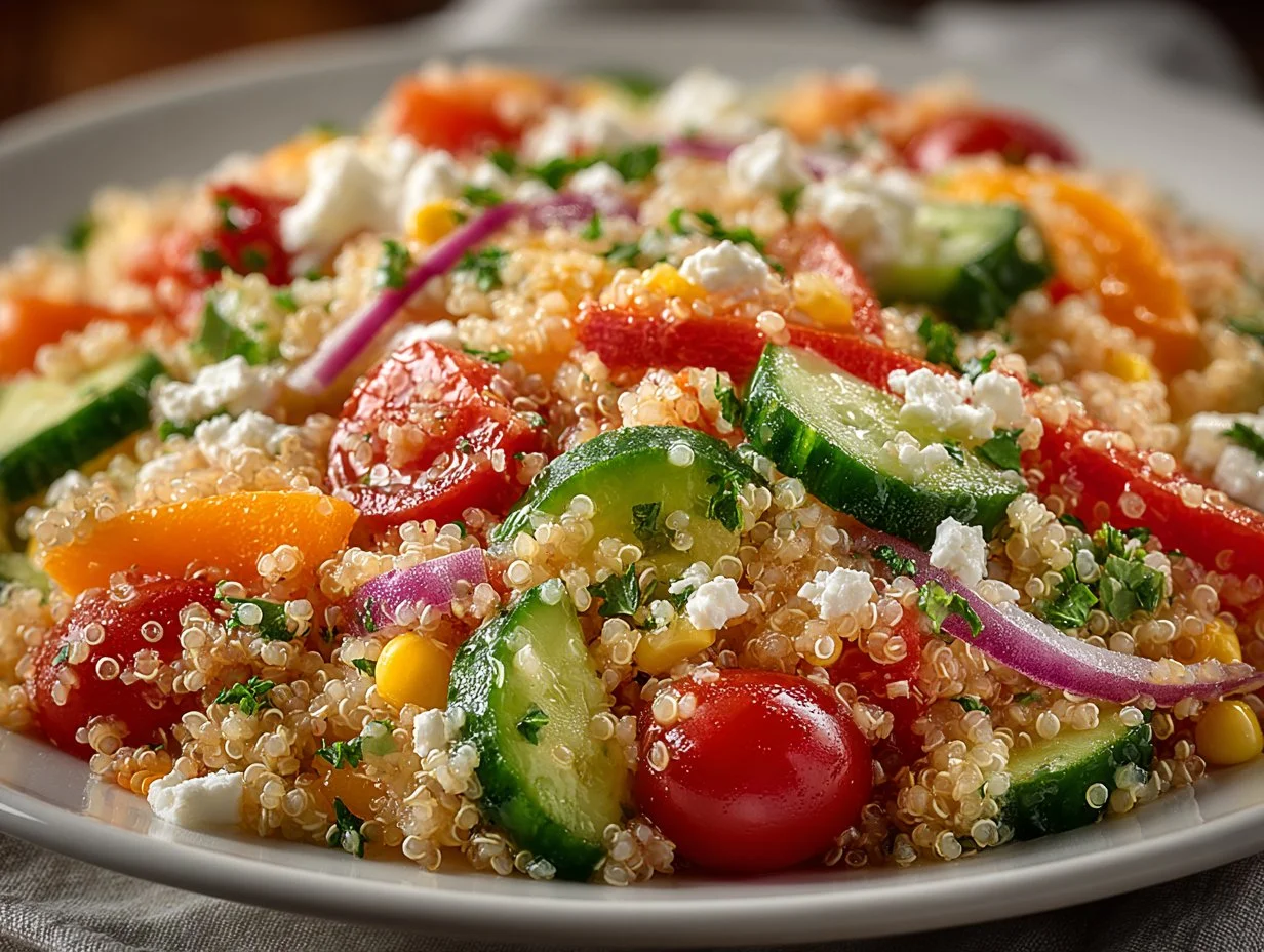 Bowl of healthy quinoa salad with colorful vegetables and herbs.