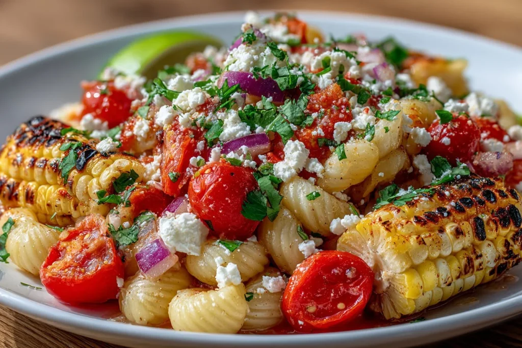 Delicious healthy street corn pasta salad in a bowl, topped with fresh herbs.