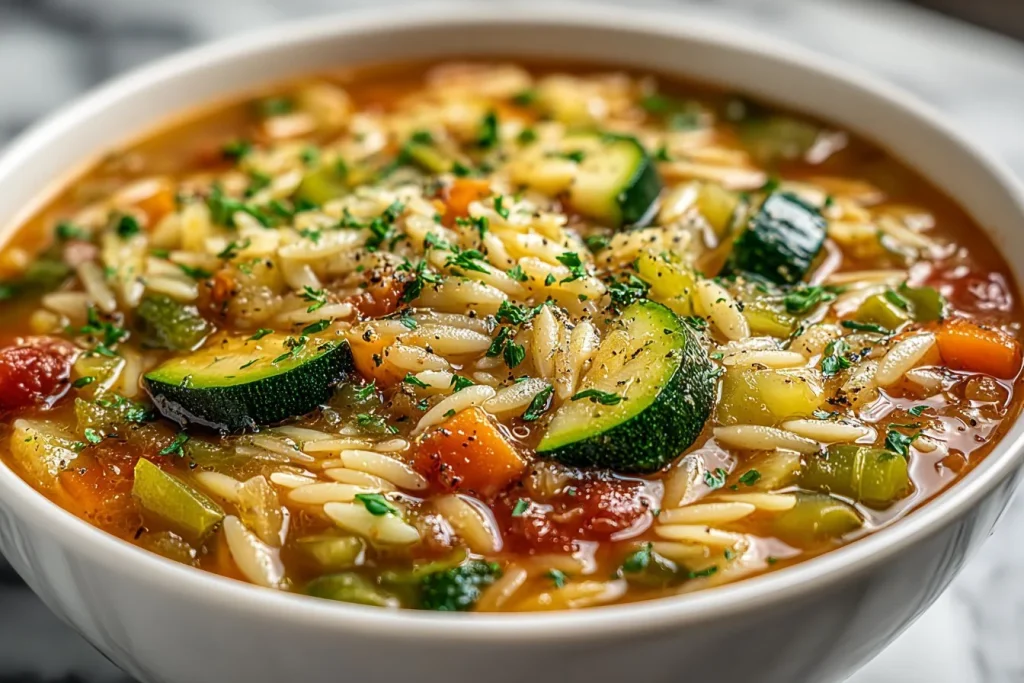 Bowl of healthy vegetable orzo soup with colorful vegetables and orzo pasta
