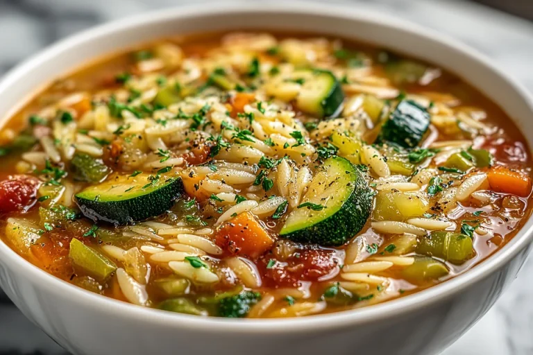 Bowl of healthy vegetable orzo soup with colorful vegetables and orzo pasta
