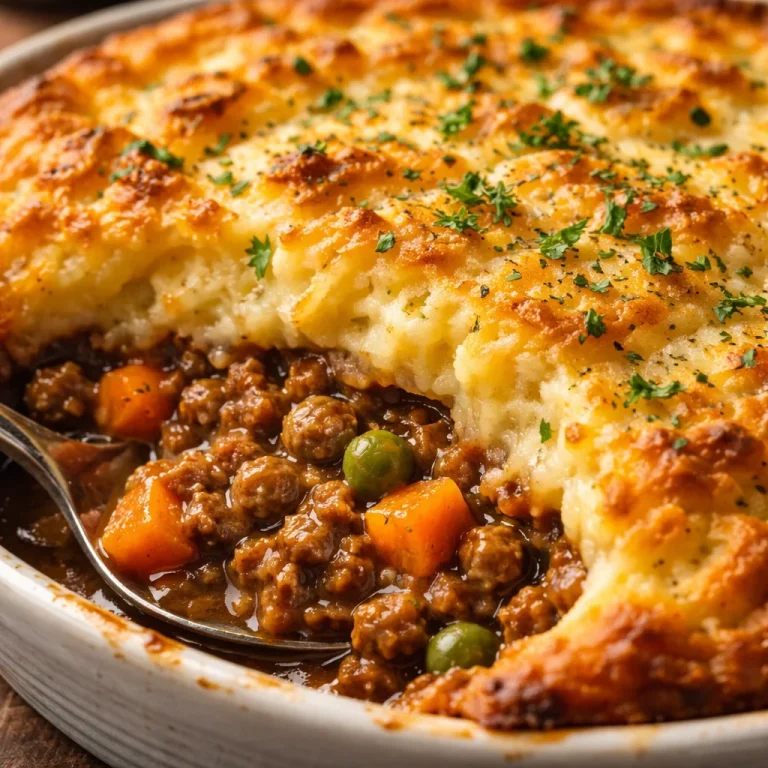Hearty traditional British cottage pie served hot with a golden mashed potato topping.