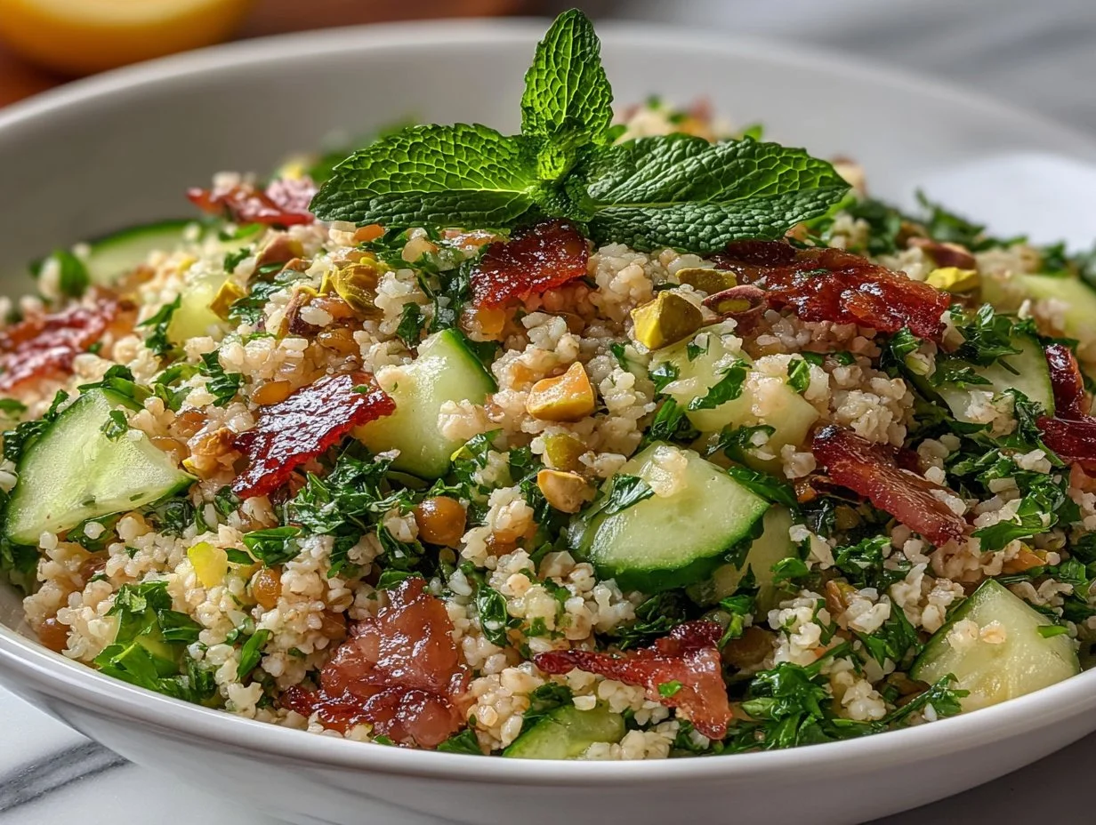 Fresh herby bulgur salad served in a bowl with colorful vegetables