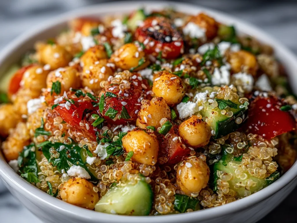 High-protein chickpea quinoa salad with fresh vegetables and dressing