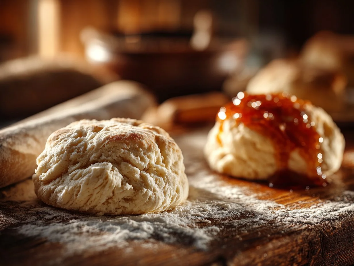 Baking homemade biscuits for two on a kitchen counter