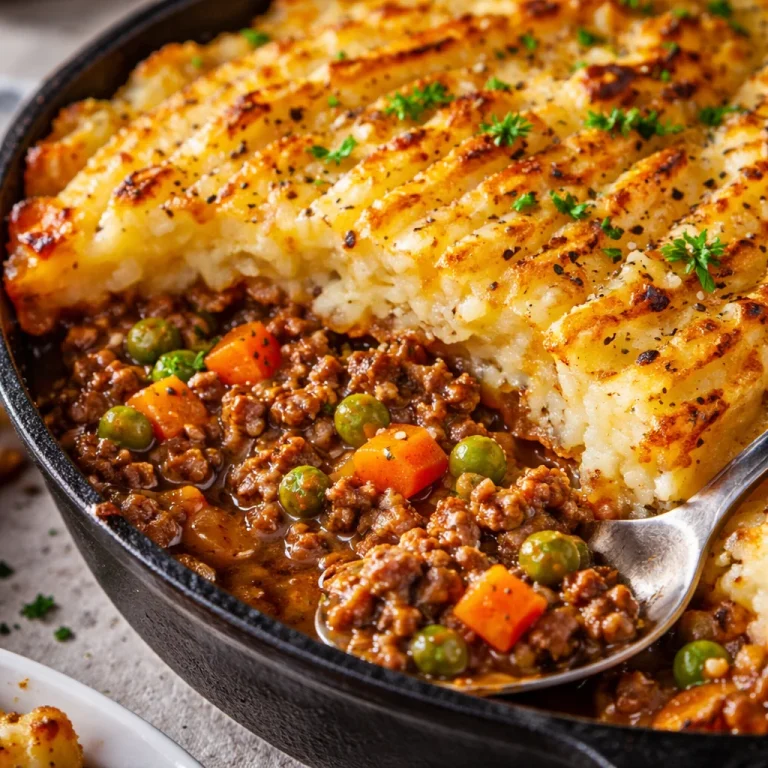 Homemade cottage pie with rich meat filling and creamy mashed potato topping