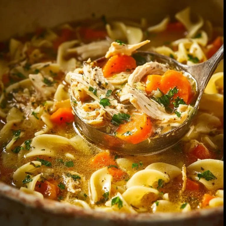 Bowl of homestyle chicken noodle soup with vegetables and herbs