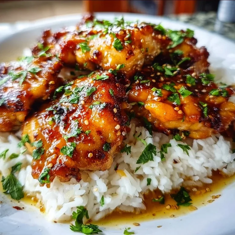 Honey Garlic Chicken Thighs served on a plate with herbs and garlic garnish