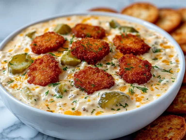 Hot and cheesy fried pickle dip served in a bowl with chips.