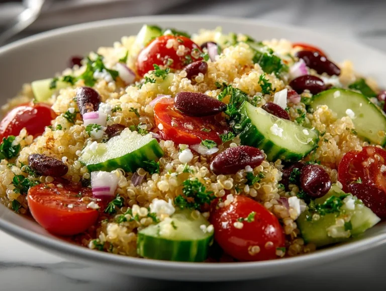 High-protein quinoa salad with colorful vegetables and dressing