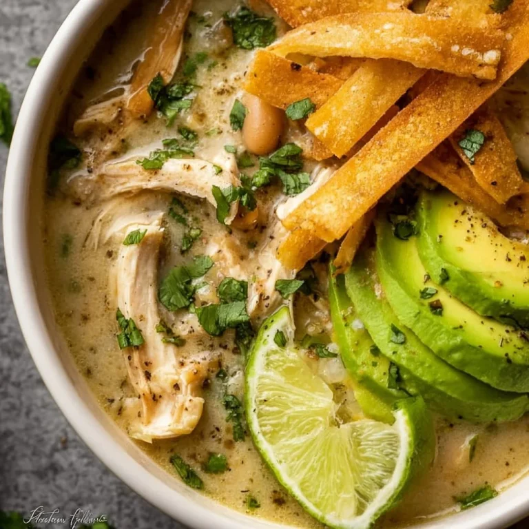 Bowl of Instant Pot white chicken chili topped with cilantro and lime