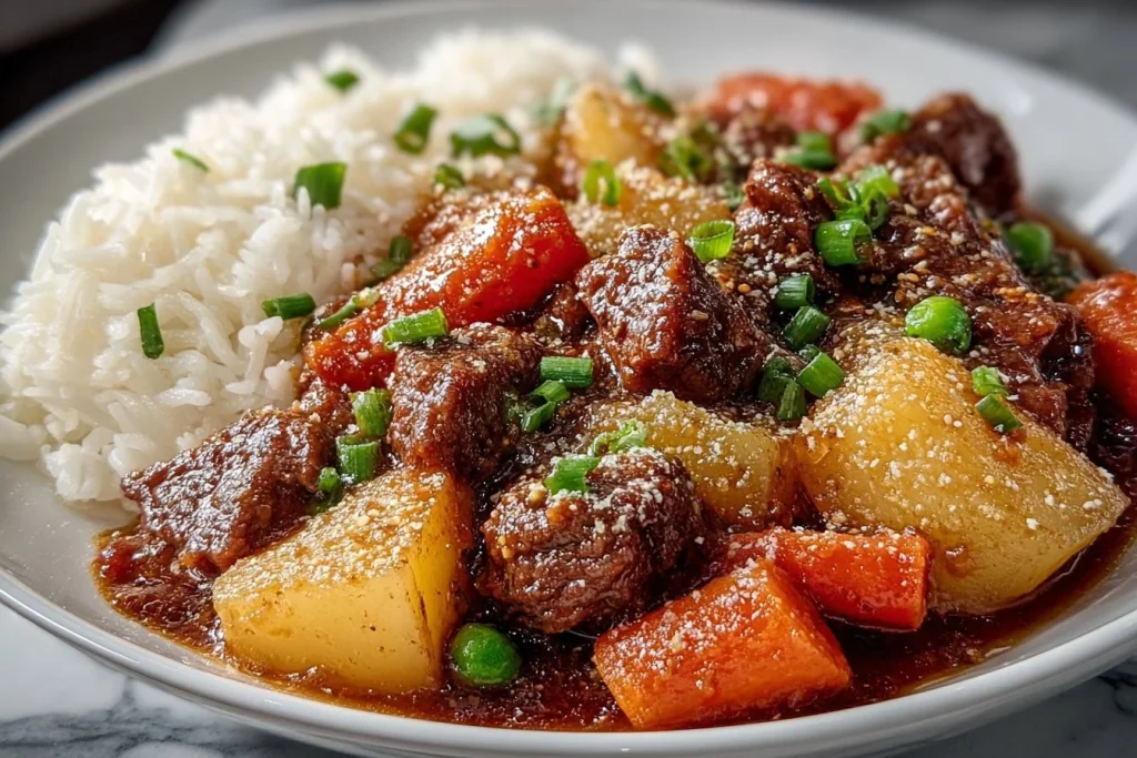 Delicious Japanese beef curry served with rice and vegetables