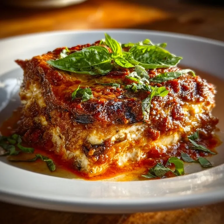 Keto lasagna with ricotta cheese and roasted eggplant served on a plate.