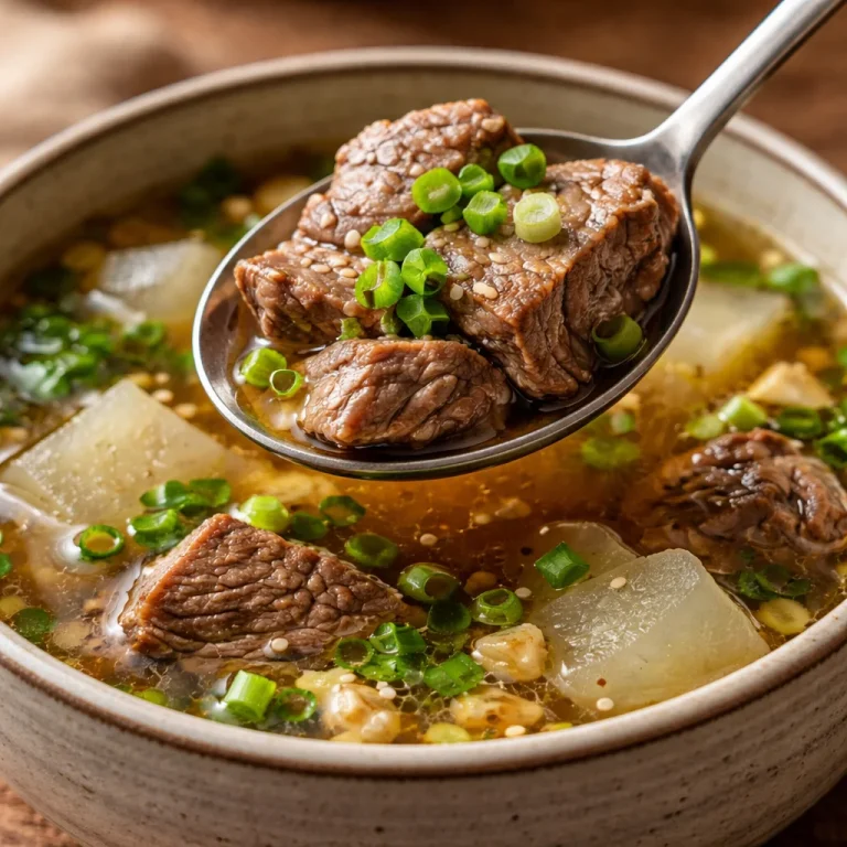 Bowl of hearty Korean winter soup featuring vegetables and spices.