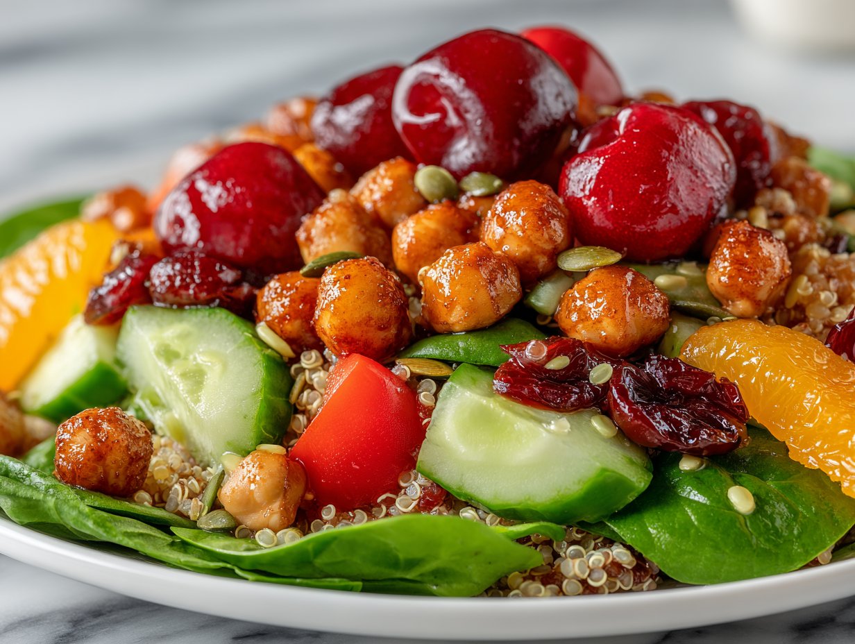Delicious Spinach and Quinoa Salad Recipe with Chickpeas and Cherries