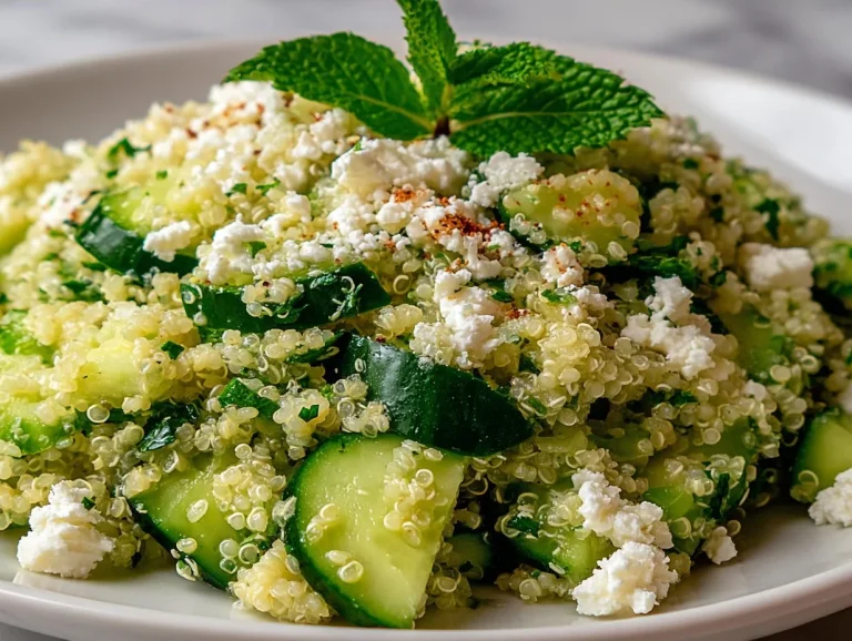 Lemony quinoa salad with feta cheese and cucumber in a bowl