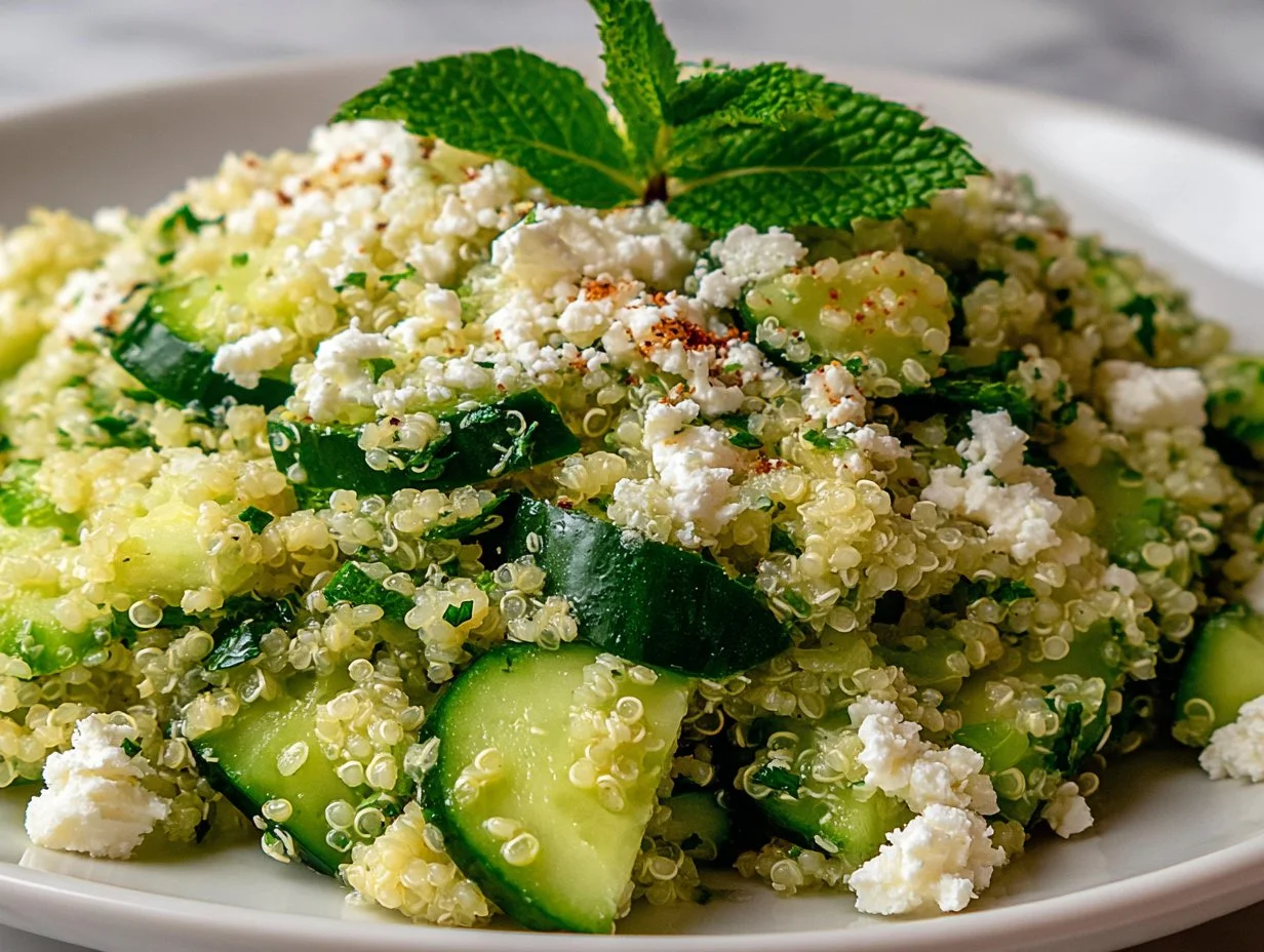 Lemony quinoa salad with feta cheese and cucumber in a bowl