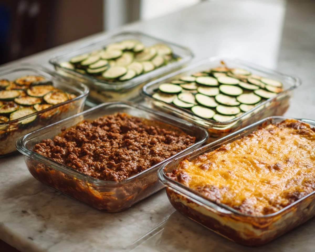 Delicious low carb zucchini lasagna served on a plate with cheese and herbs