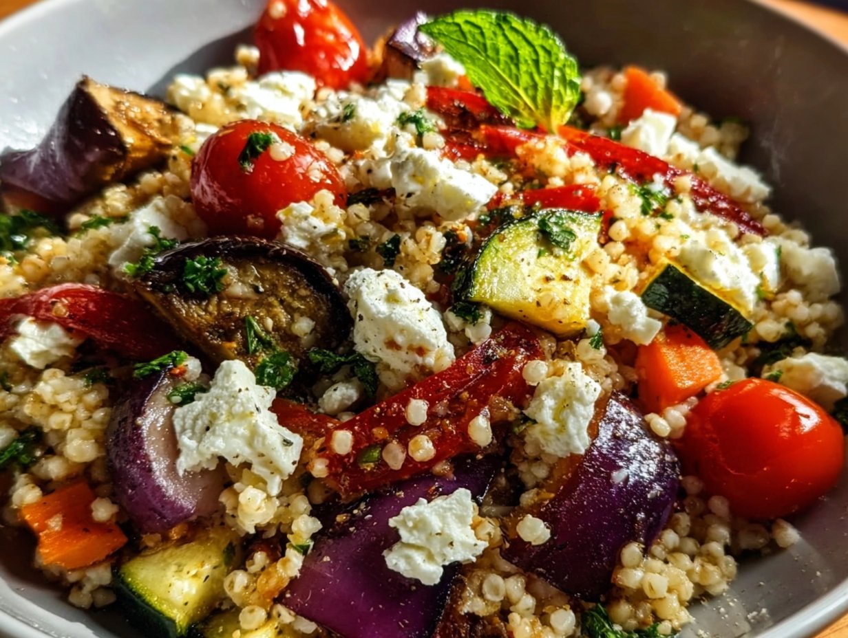 Mediterranean Bulgur Wheat Salad with Feta and Roasted Vegetables