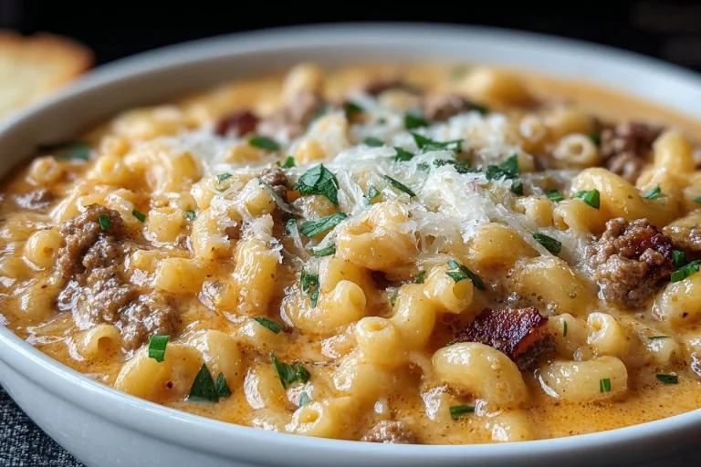 Bowl of macaroni cheeseburger soup with pasta and ground beef topped with cheese
