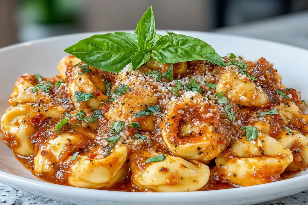 Delicious Marry Me Tortellini served with fresh herbs and Parmesan cheese