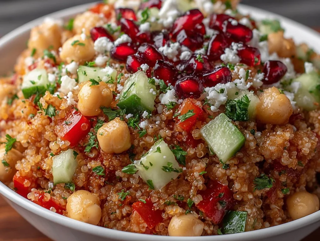 A vibrant Mediterranean bulgur salad with fresh vegetables and herbs