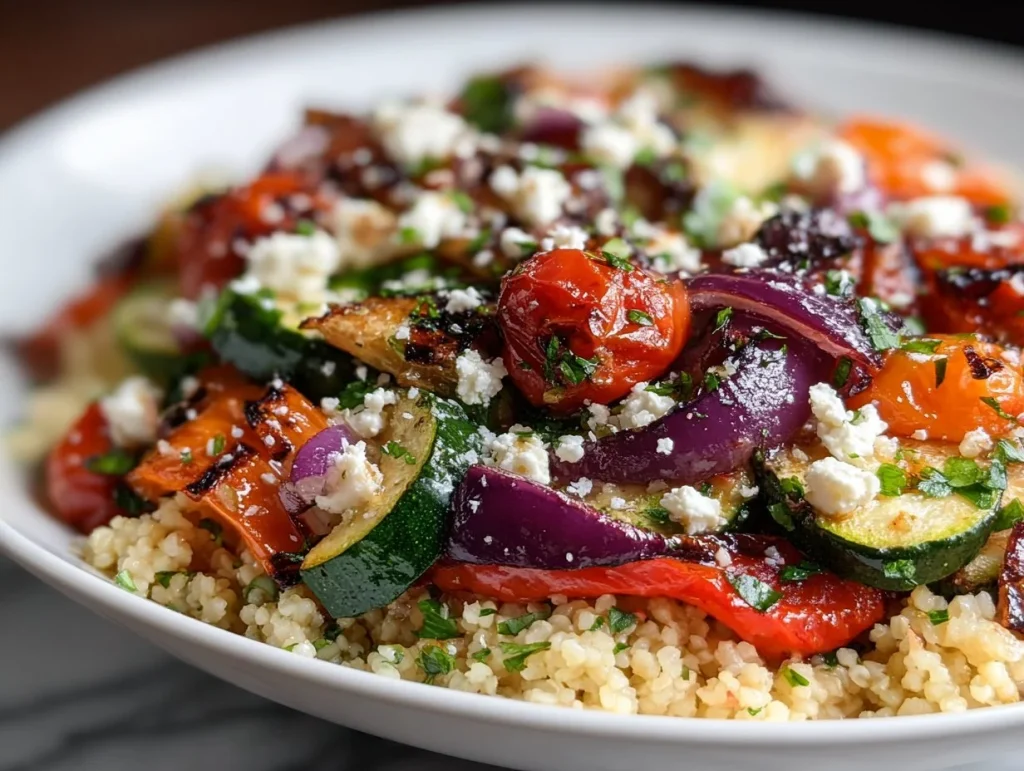 Mediterranean Bulgur Wheat Salad with feta and roasted vegetables in a bowl.