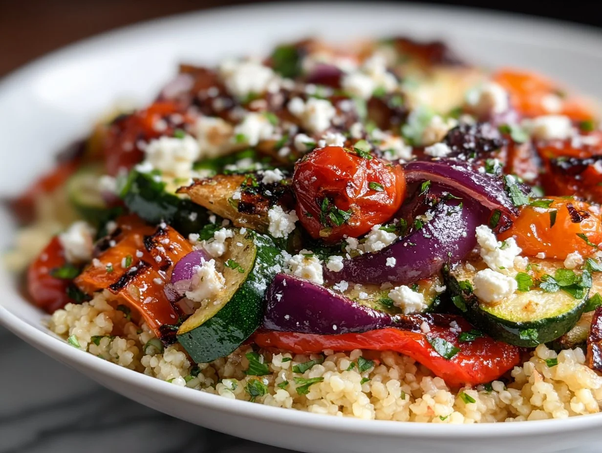 Mediterranean Bulgur Wheat Salad with feta and roasted vegetables in a bowl.