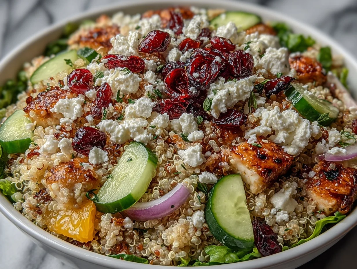 Mediterranean Cranberry Quinoa Feta Salad topped with fresh ingredients