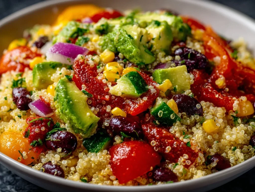 Mexican quinoa salad topped with cilantro lime dressing and fresh ingredients