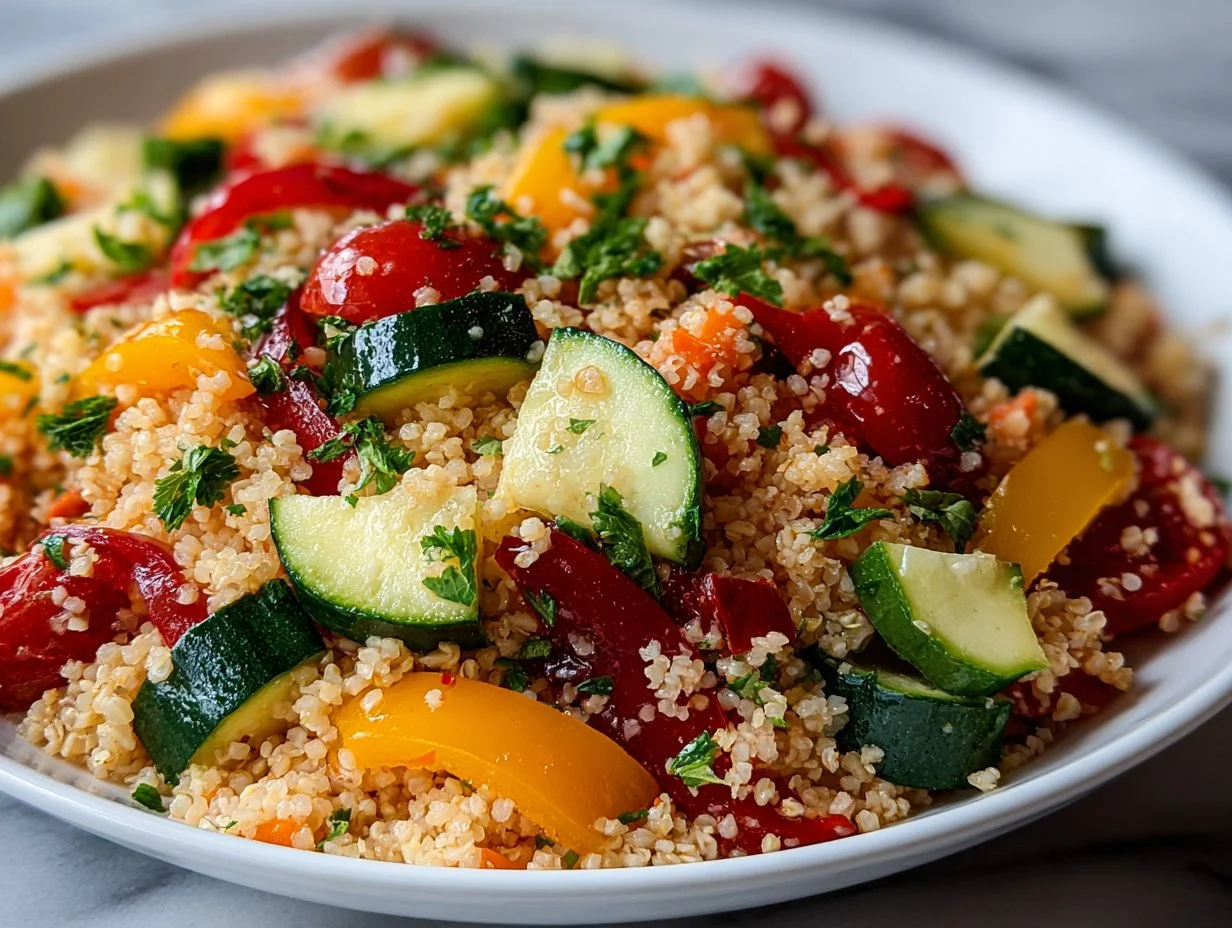 A vibrant bowl of Middle Eastern bulgur wheat salad with fresh vegetables and herbs.